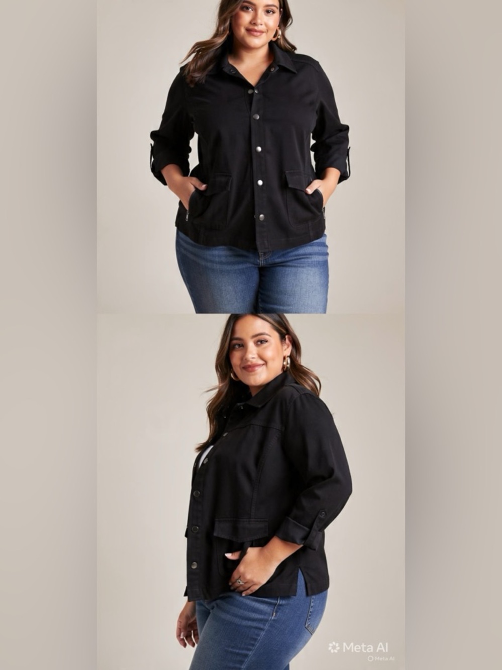 CHICO’S Black Utility Jacket Snap Buttons Size 3 Large | Collared Zip Pockets